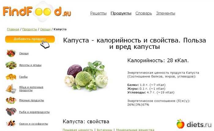 Калорийность белокочанной капусты свежей, вареной, тушеной, квашеной – проовощи.ру