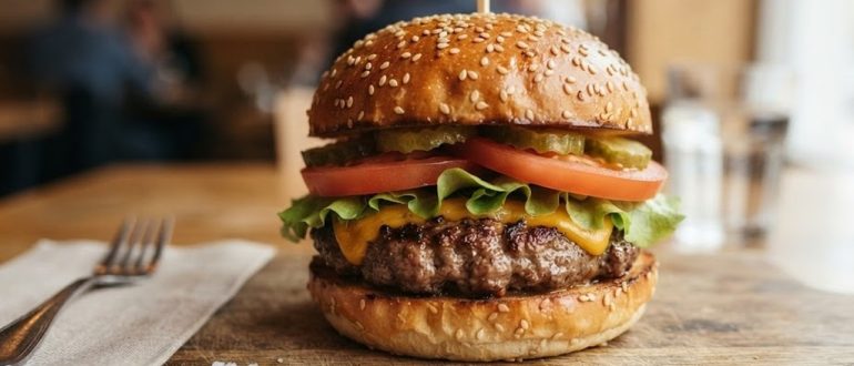 Классический гамбургер с говяжьей котлетой и овощами на деревянной доске